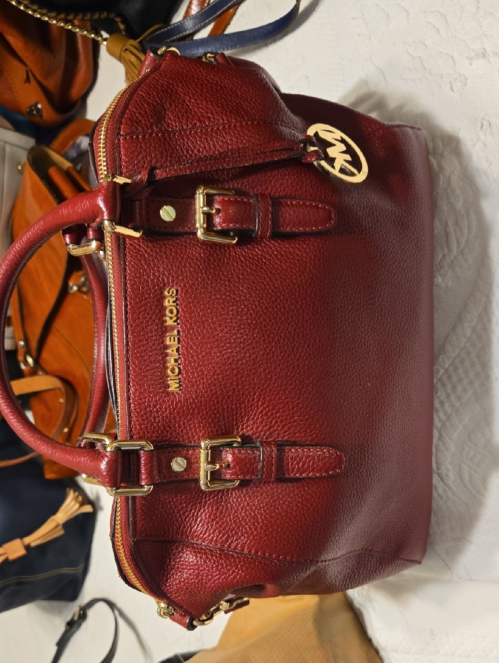 Michael Kors Burgundy Pebbled Leather Satchel with Gold Hardware